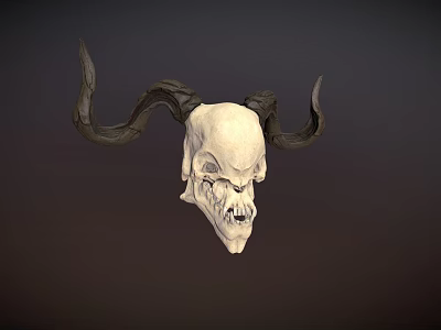 Detailed Mythical Skull With Large Curved Horns On Dark Background 3d model