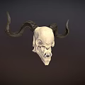Detailed Mythical Skull With Large Curved Horns On Dark Background