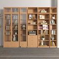 Wooden Bookcase In Living Room With Glass Doors Open Shelves Books Decorations And Potted Plant