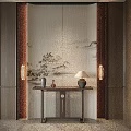 Chinese Foyer Hallway Interior With Landscape Painting Console Table And Table Lamp