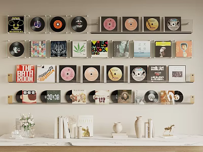 Decorative Ornament Combination With Wall Mounted Vinyl Records Display And Shelf Decor Items 3d model