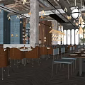 Modern Industrial Style Restaurant Interior With Wooden Tables Metal Chairs And Pendant Lights