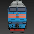 Blue and White Train Locomotive With Side Windows And Wheels On Tracks