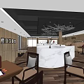 Elegant Restaurant Interior With Chandeliers Framed Pictures Tables And Patterned Carpet