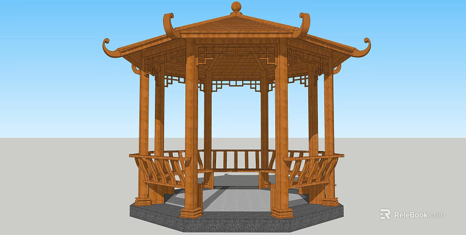 Classic Traditional Wooden Octagonal Pavilion With Decorative Roof Railings And Stone Base 3d model 