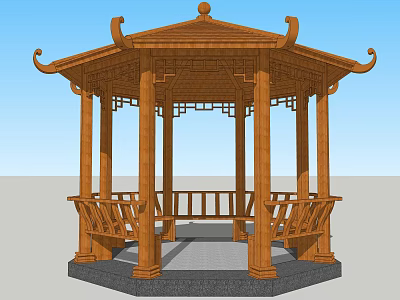 Classic Traditional Wooden Octagonal Pavilion With Decorative Roof Railings And Stone Base 3d model
