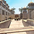 Middle Eastern Street Scene With Traditional Architecture Military Vehicle Palm Tree And Stone Pavement