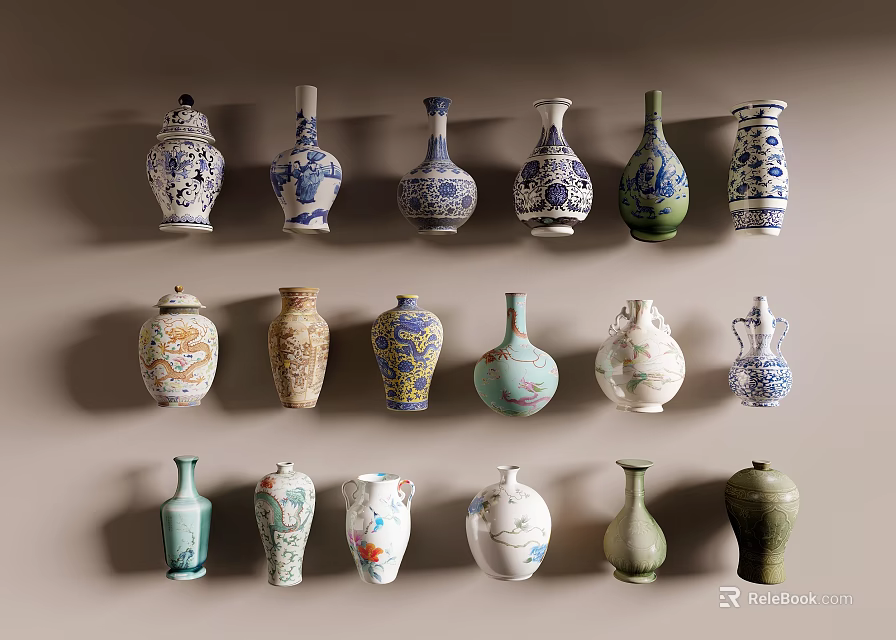 Assorted Ceramic Vases With Colorful Patterns And Various Shapes Displayed On Light Brown Background 3d model 