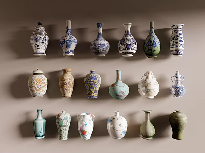 Assorted Ceramic Vases With Colorful Patterns And Various Shapes Displayed On Light Brown Background 3d model