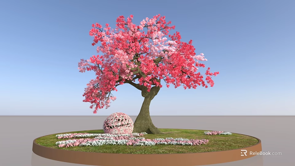 Tree with Pink Blossoms Thick Trunk Green Grass and Pink White Flowers Under Blue Sky 3d model 