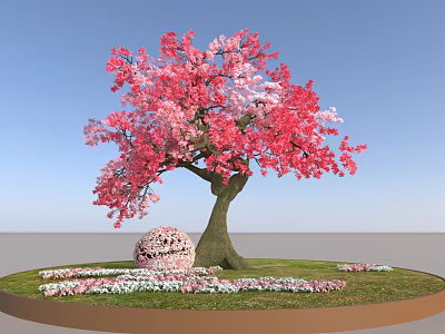 Tree with Pink Blossoms Thick Trunk Green Grass and Pink White Flowers Under Blue Sky 3d model