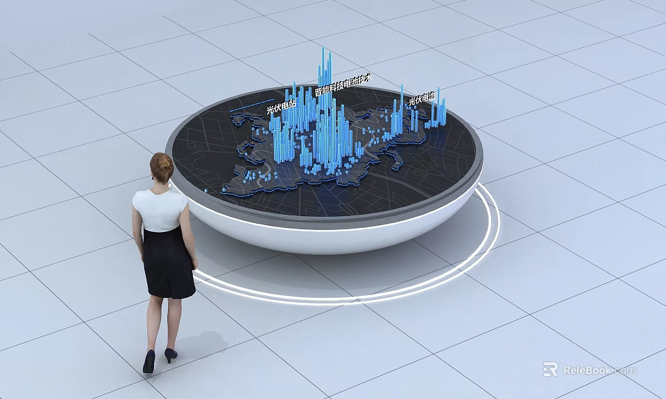 Sand Table with blue building models Metropolis text woman viewing on grid floor white halos 3d model 