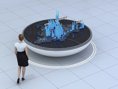 Sand Table with blue building models Metropolis text woman viewing on grid floor white halos 3d model