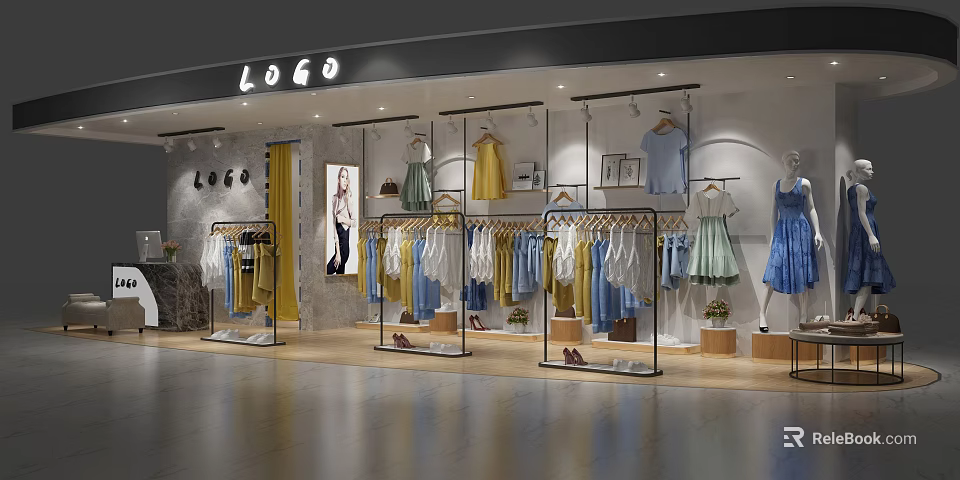 Fashionable Clothing Store Interior With Dresses Tops Racks And Mannequins 3d model 