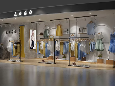 Fashionable Clothing Store Interior With Dresses Tops Racks And Mannequins 3d model