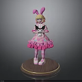 3D Character Figure With Pink Bunny Ears Frilly Dress Holding Teddy Bear On Wooden Base
