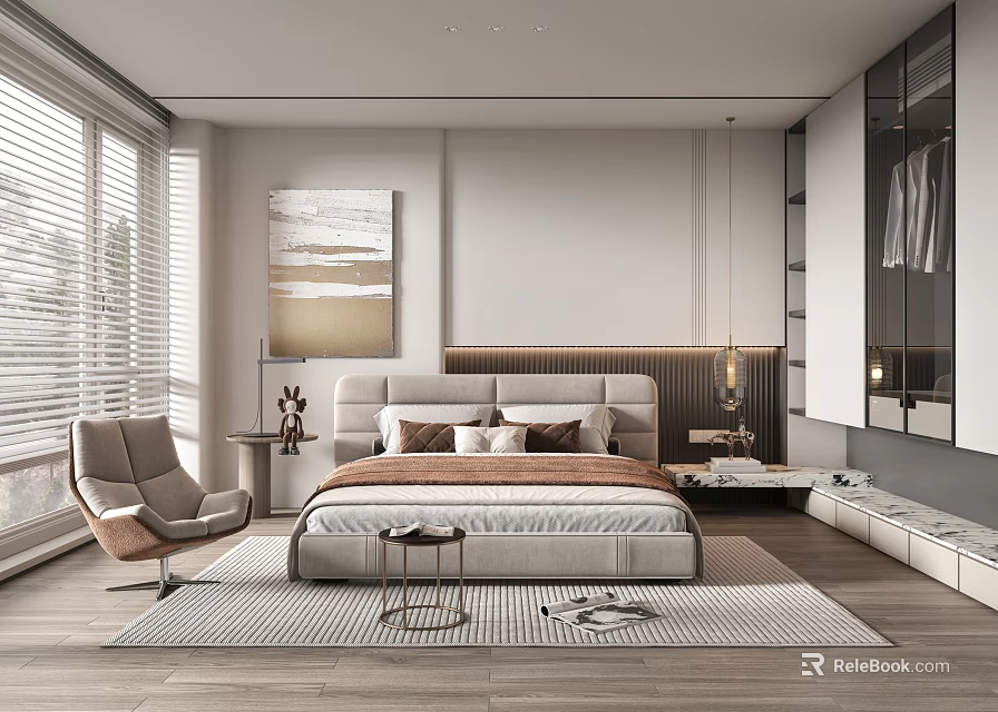 Modern Bedroom Interior Design With Bed Headboard Window Blinds Decorative Painting Leather Chair Wooden Floor 3d model 