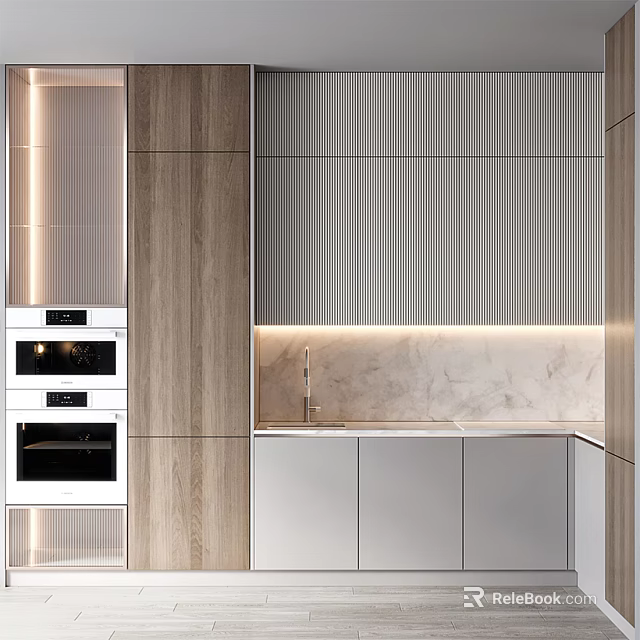 Modern Kitchen Interior Featuring Wooden Grey Striped And Silver Cabinets With Marble Countertop 3d model 
