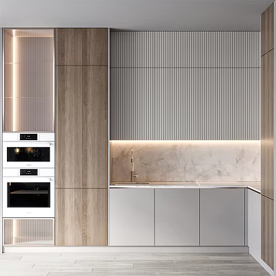 Modern Kitchen Interior Featuring Wooden Grey Striped And Silver Cabinets With Marble Countertop 3d model