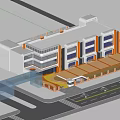 Modern School Building Exterior with Glass Curtain Walls Yellow Accents Green Lawn Trees and Flowers