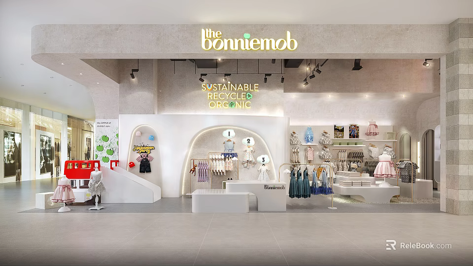 Sustainable Kids Clothing Store Interior With Recycled Organic Apparel And Displays 3d model 