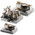 Decorative Deer Ornament Set With Mugs Stacked Books Cookies And Tray
