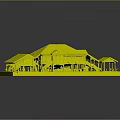 Traditional Style Building Model With Turquoise Exterior Dark Tile Roofs And Wooden Verandas