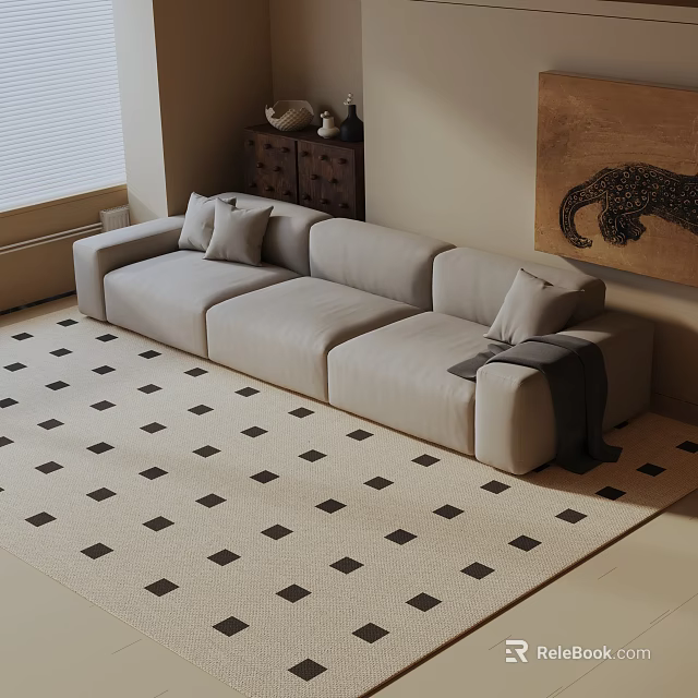 Light Beige Three Seater Sofa With Cushions Throw Blanket On Checkered Rug And Decorative Painting 3d model 