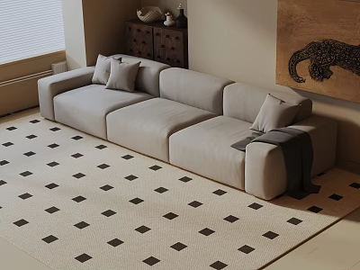 Light Beige Three Seater Sofa With Cushions Throw Blanket On Checkered Rug And Decorative Painting 3d model