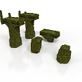Ancient Moss Covered Stone Pillar Ruins With Various Shapes And Sizes