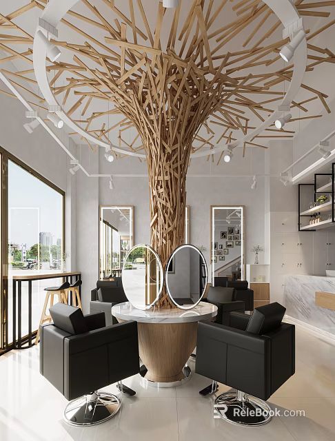 Modern Beauty Salon Interior With Tree Like Decoration Round Mirrors Black Sofas and Large Windows 3d model
