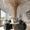 Modern Beauty Salon Interior With Tree Like Decoration Round Mirrors Black Sofas and Large Windows 3d model