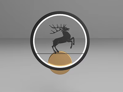 Modern Circular Table Lamp With Black Frame Deer Pattern And Gold Base 3d model