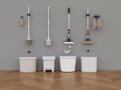 Bathroom Accessories Featuring Toilet Brushes Mops And Buckets Hanging On Wall And Floor 3d model
