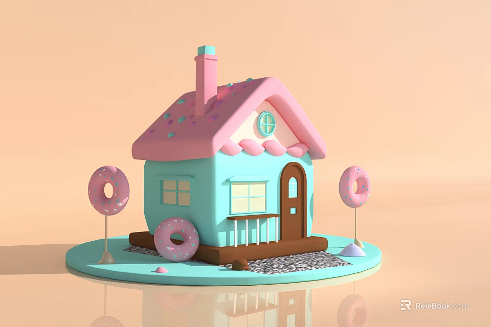 Cute Pastel House With Pink Roof Blue Walls Brown Door Small Balcony And Donut Decorations 3d model 