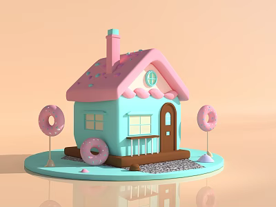 Cute Pastel House With Pink Roof Blue Walls Brown Door Small Balcony And Donut Decorations 3d model