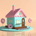 Cute Pastel House With Pink Roof Blue Walls Brown Door Small Balcony And Donut Decorations