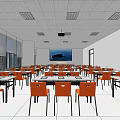 Conference Room Interior With Orange Chairs Black Tables Large Screen And Large Windows