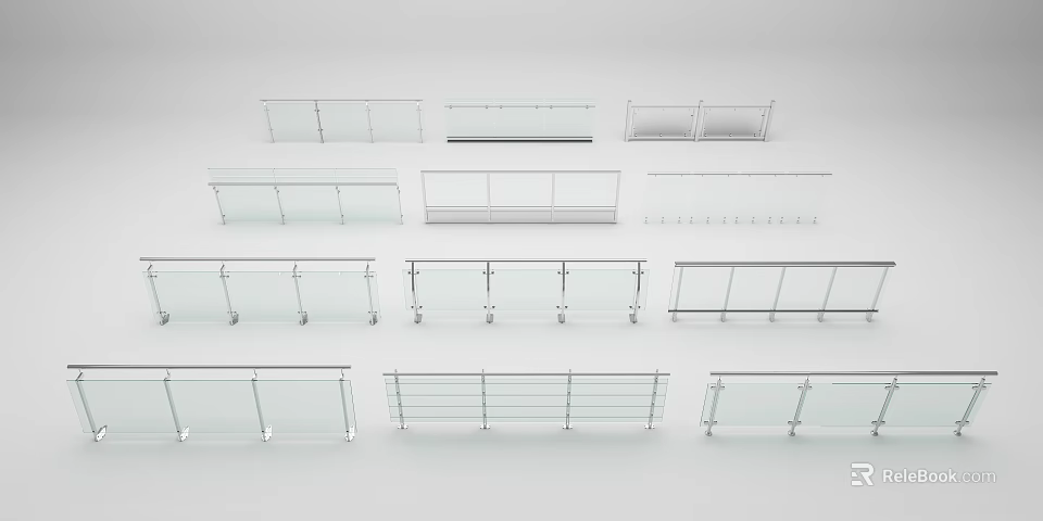 Modern Glass Railing Designs Featuring Various 3D Models And Metal Supports 3d model