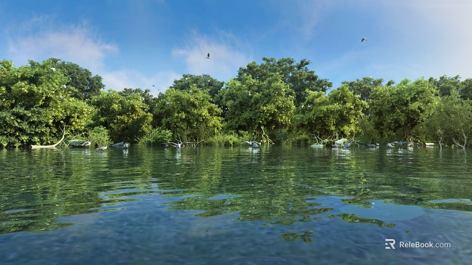 Stunning Natural Riverside Landscape With Lush Green Trees Calm Water Bright Blue Sky And Birds 3d model 