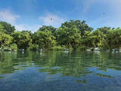 Stunning Natural Riverside Landscape With Lush Green Trees Calm Water Bright Blue Sky And Birds 3d model