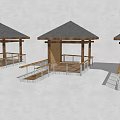 Three Outdoor Wooden Pavilions With Sloped Roofs Wooden Floors And Staircases