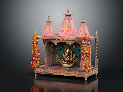 Handcrafted Traditional Shrine Cabinet with Ornate Spire Tops Pink Gold Decor Peacock Background Deity Statue 3d model