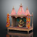 Handcrafted Traditional Shrine Cabinet with Ornate Spire Tops Pink Gold Decor Peacock Background Deity Statue