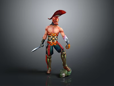 Warrior Character With Red Feathered Helmet Bare Chest And Sword Standing On Green Base 3d model