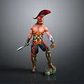 Warrior Character With Red Feathered Helmet Bare Chest And Sword Standing On Green Base