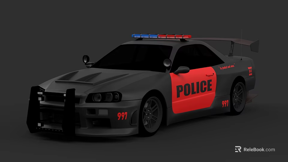 Gray And Red Police Car With Emergency Lights And 999 Markings 3d model 