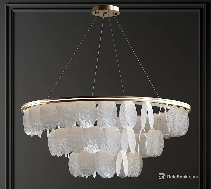 Elegant White Textured Chandelier With Circular Metal Frame Hanging In Dark Room 3d model 