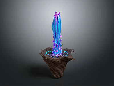 Glowing Cactus Shaped Plant With Purple Blue Luminous Effects On Wooden Base 3d model