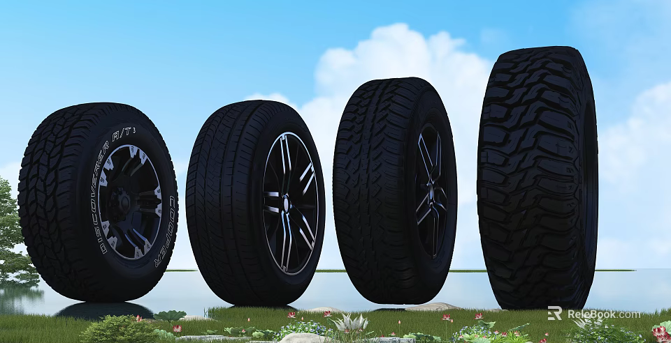 Various Tires With All Season Performance And Off Road Tread Patterns 3d model 